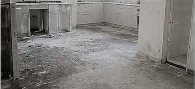 New kitchen before after-builders clean, covered in plaster dust