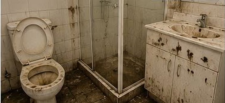 Bathroom before cleaning, mould and stains on shower and toilet