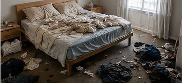 Bedroom before cleaning, unmade bed and clothes on the floor