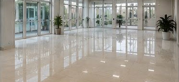 The same foyer after cleaning, polished reflective tiles