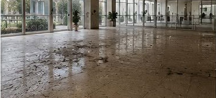 Commercial foyer before cleaning, dirty tiled floor