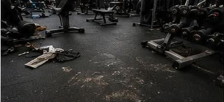Gym floor before cleaning, scattered equipment and dirty rubber flooring