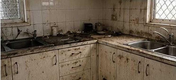 Kitchen before cleaning, grease and grime on benches and cabinets