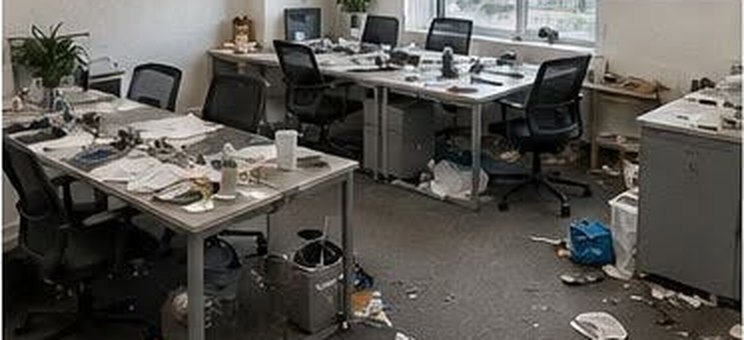 Office before cleaning, cluttered desks and rubbish on the floor